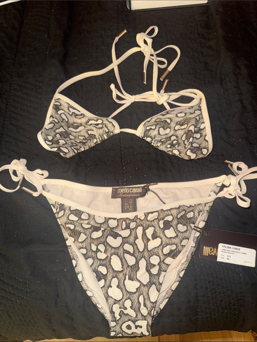 Roberto Cavalli Black and White Leopard Print String Bikini